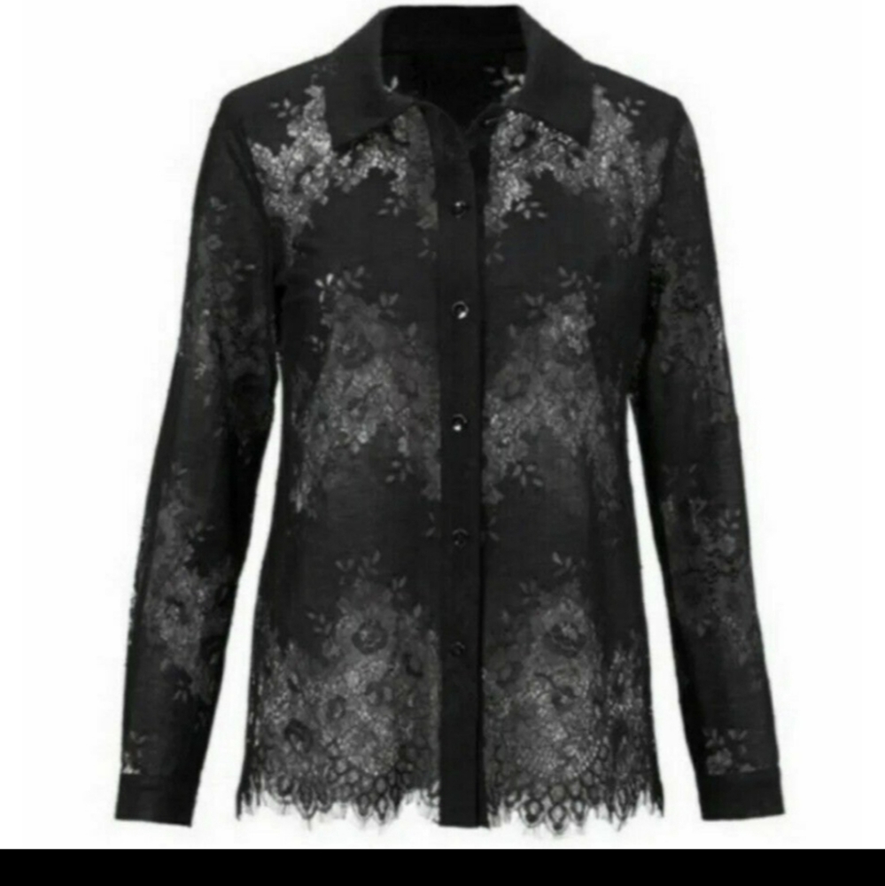 Cabi # 3758 "St. Regis Blouse" Black Lace Long Sleeve Button-Up